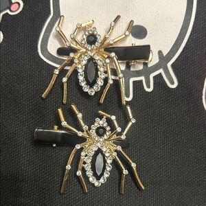 Gold & Black Spider Rhinestone Hair Clips - Pair